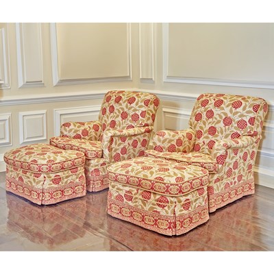 Lot 586 - Pair of Upholstered Lounge Chairs and Ottomans