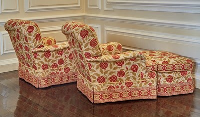 Lot 586 - Pair of Upholstered Lounge Chairs and Ottomans