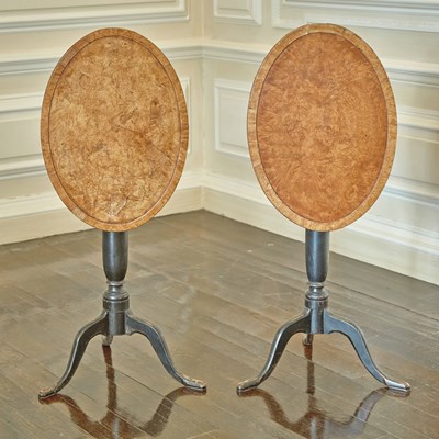 Lot 593 - Pair of George III Style Part Ebonized Yew Wood Tilt-top Candle Stands