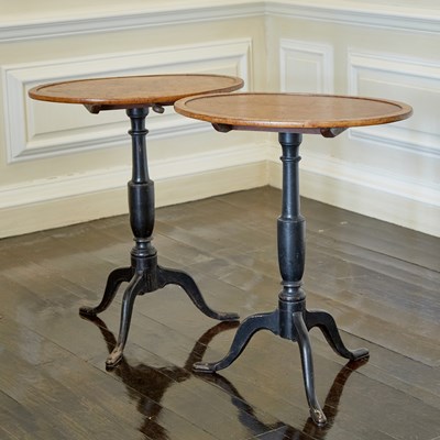 Lot 593 - Pair of George III Style Part Ebonized Yew Wood Tilt-top Candle Stands
