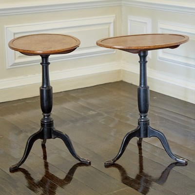 Lot 593 - Pair of George III Style Part Ebonized Yew Wood Tilt-top Candle Stands
