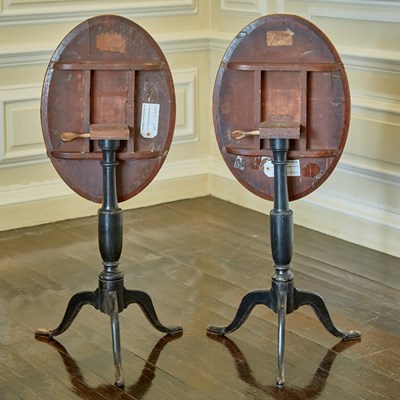 Lot 593 - Pair of George III Style Part Ebonized Yew Wood Tilt-top Candle Stands