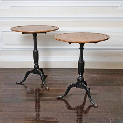 Lot 593 - Pair of George III Style Part Ebonized Yew Wood Tilt-top Candle Stands