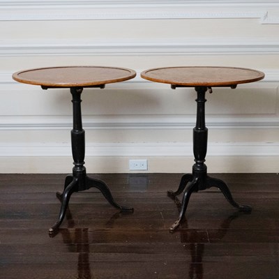 Lot 593 - Pair of George III Style Part Ebonized Yew Wood Tilt-top Candle Stands