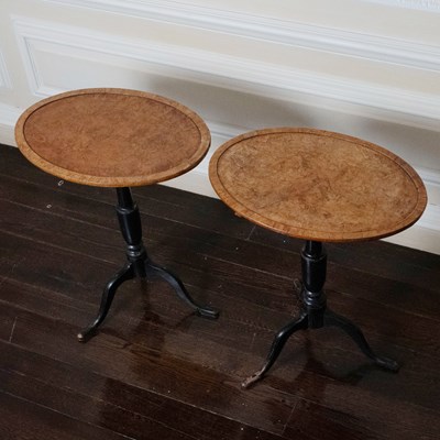 Lot 593 - Pair of George III Style Part Ebonized Yew Wood Tilt-top Candle Stands