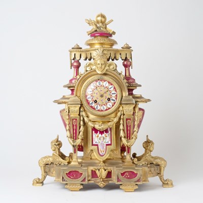 Lot 595 - French Sevres Style Gilt-Bronze and Red Ground Porcelain Mantle Clock