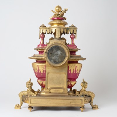Lot 595 - French Sevres Style Gilt-Bronze and Red Ground Porcelain Mantle Clock