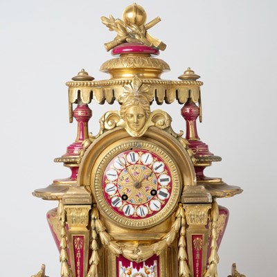 Lot 595 - French Sevres Style Gilt-Bronze and Red Ground Porcelain Mantle Clock