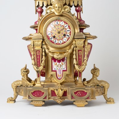 Lot 595 - French Sevres Style Gilt-Bronze and Red Ground Porcelain Mantle Clock