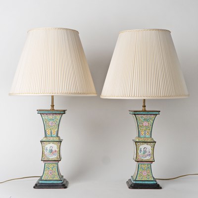 Lot 596 - Pair of Chinese Canton Enamel Vases Mounted as Table Lamps