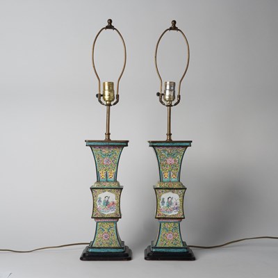 Lot 596 - Pair of Chinese Canton Enamel Vases Mounted as Table Lamps