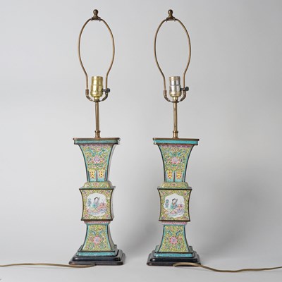 Lot 596 - Pair of Chinese Canton Enamel Vases Mounted as Table Lamps