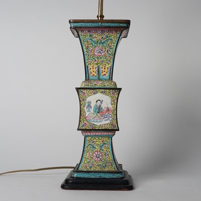 Lot 596 - Pair of Chinese Canton Enamel Vases Mounted as Table Lamps