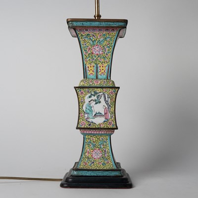 Lot 596 - Pair of Chinese Canton Enamel Vases Mounted as Table Lamps