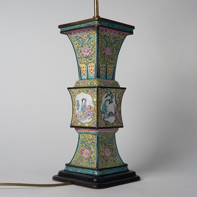 Lot 596 - Pair of Chinese Canton Enamel Vases Mounted as Table Lamps
