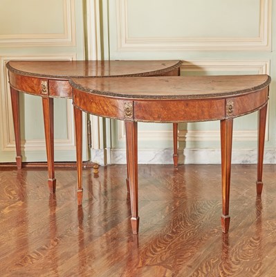 Lot 607 - Pair of George III Style Parcel-Gilt Walnut Demilune Console Tables