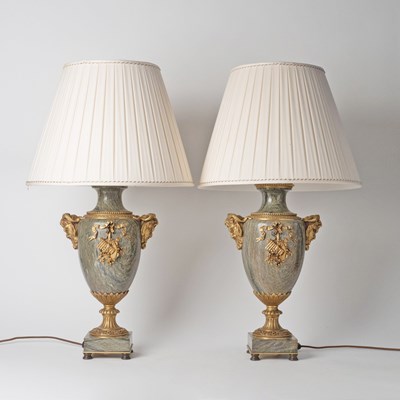 Lot 608 - Pair of Louis XVI Style Gilt-Metal and Green Marble Table Lamps