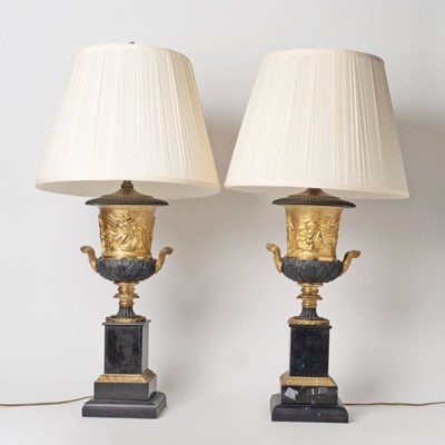 Lot 619 - Pair of Empire Style Gilt and Patinated-Bronze Urn-Form Lamps