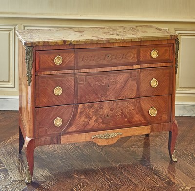 Lot 644 - Transitional Louis XV/XVI Style Gilt-Bronze Mounted Marquetry Inlaid Mahogany Commode