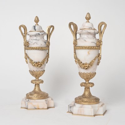 Lot 650 - Pair of Louis XVI Style Gilt Bronze and Marble Urns With Covers