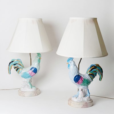 Lot 653 - Pair of Large Herend Porcelain Green Fishnet Roosters Mounted as Lamps