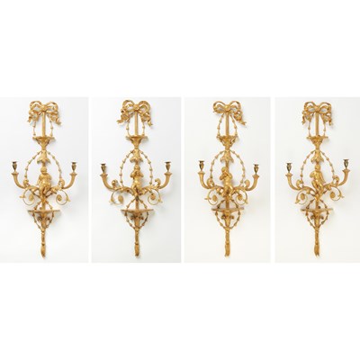 Lot 661 - Set of Four George III Style Giltwood Two-Branch Wall-Lights