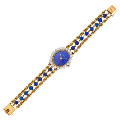 Lot 36 - Piaget Triple Strand Gold, Lapis, Lapis Bead and Diamond Rope-Twist Chain Bracelet-Watch