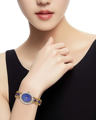 Lot 36 - Piaget Triple Strand Gold, Lapis, Lapis Bead and Diamond Rope-Twist Chain Bracelet-Watch