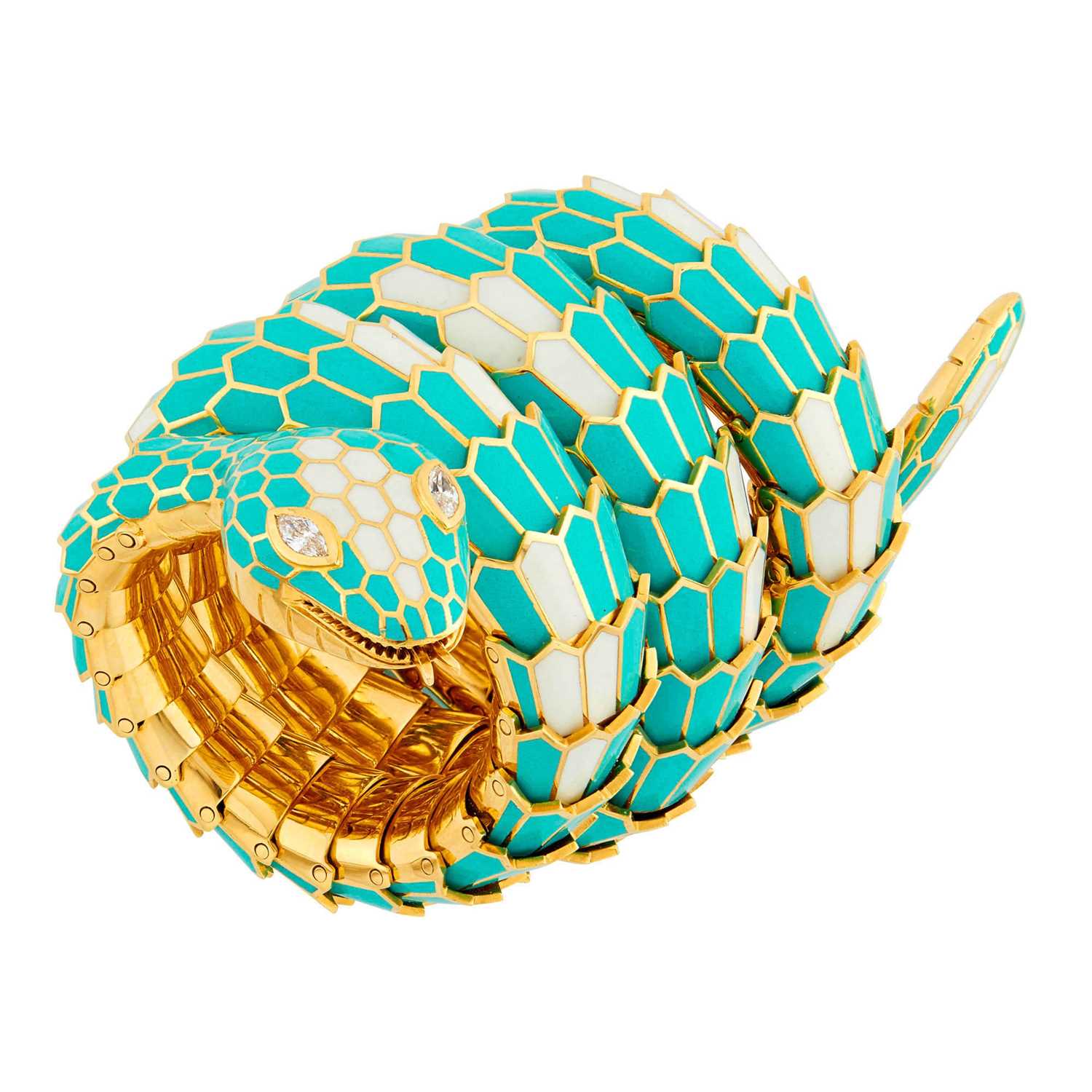 Lot 69 - Illario Gold, Turquoise and White Enamel and Diamond Serpent Bracelet