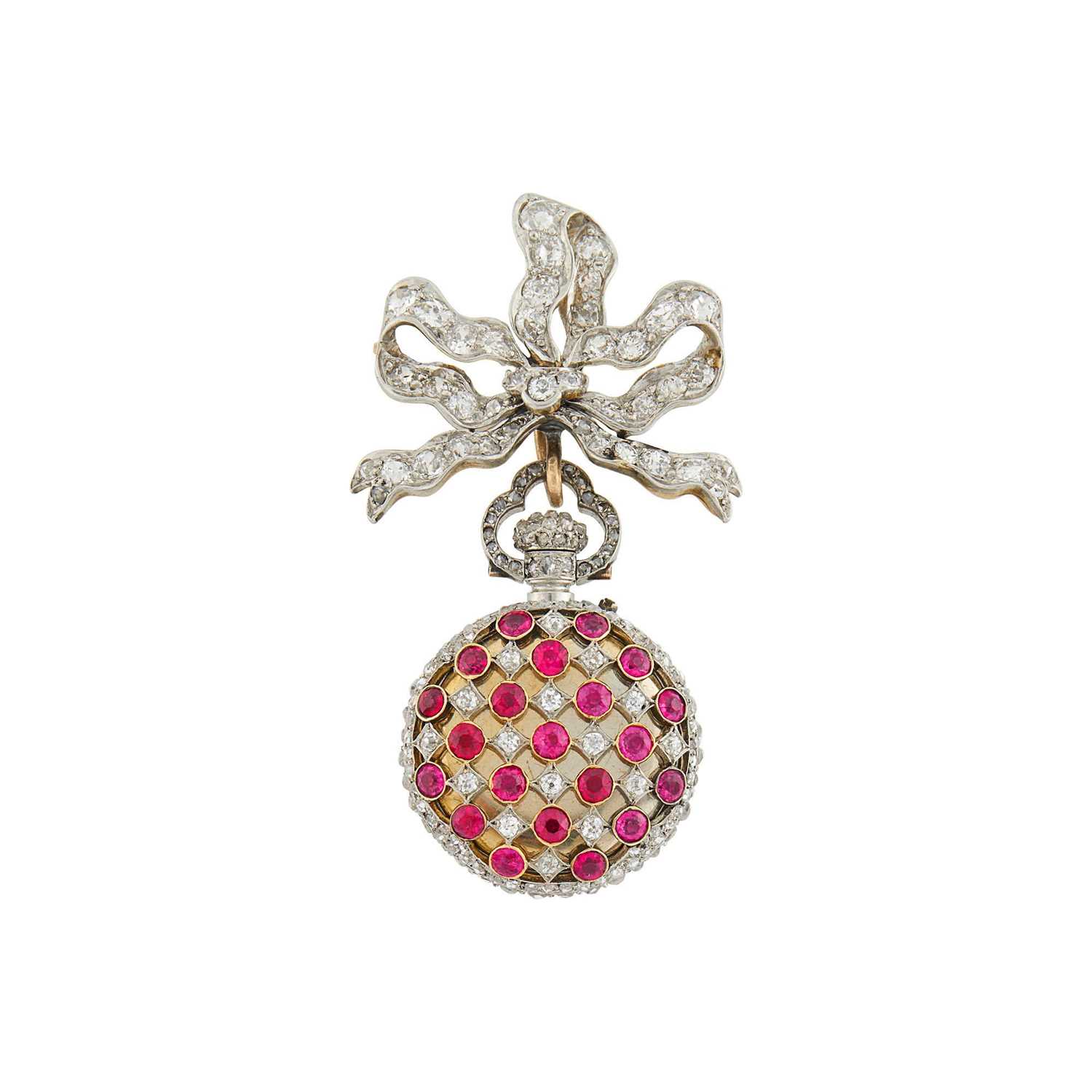 Lot 133 - Gérard Sandoz Antique Platinum, Gold, Ruby and Diamond Lapel-Watch