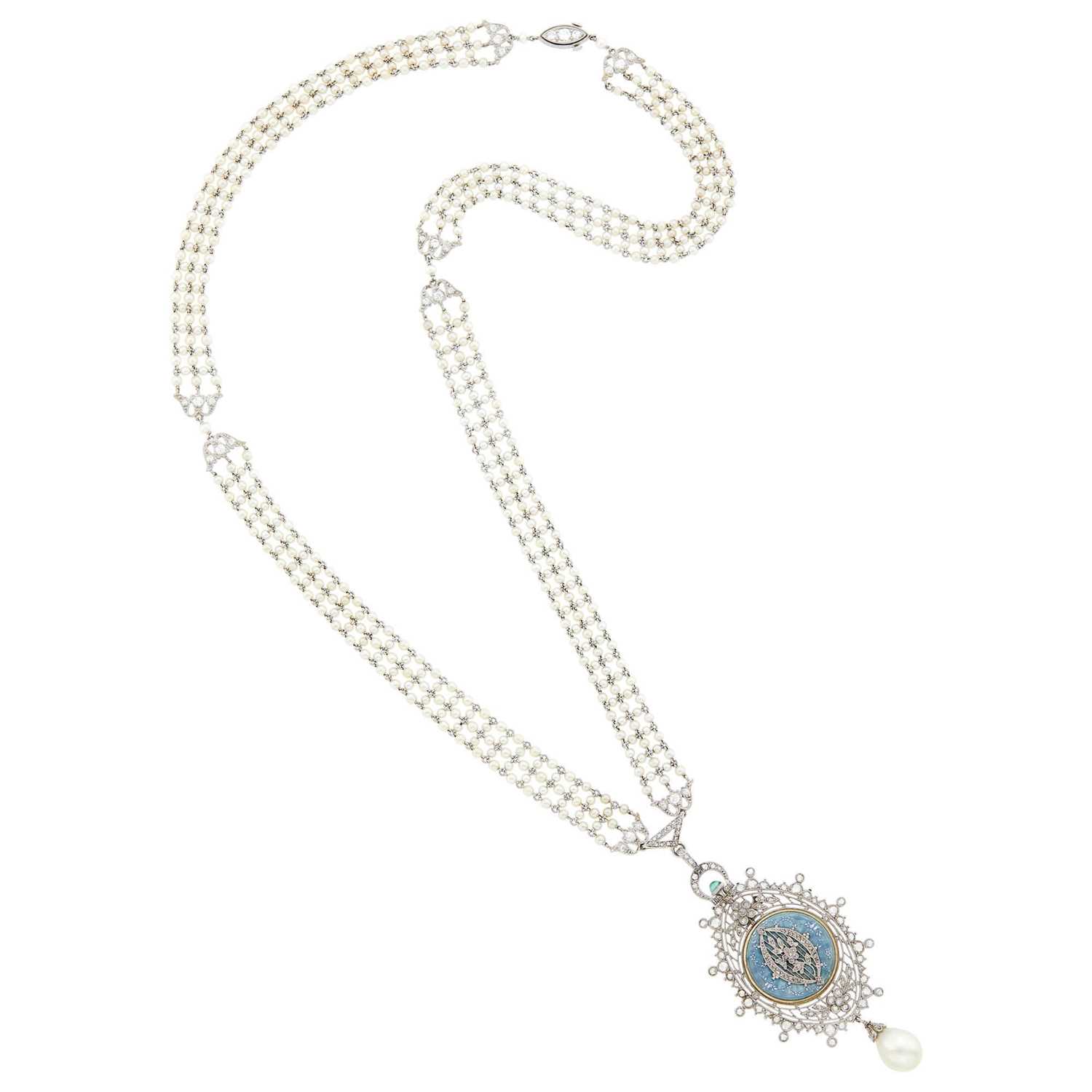 Lot 182 - E. M. Gattle & Co. Belle Epoque Seed Pearl, Platinum, Diamond, Guilloché Blue Enamel and Natural Pearl Pendant-Watch Sautoir