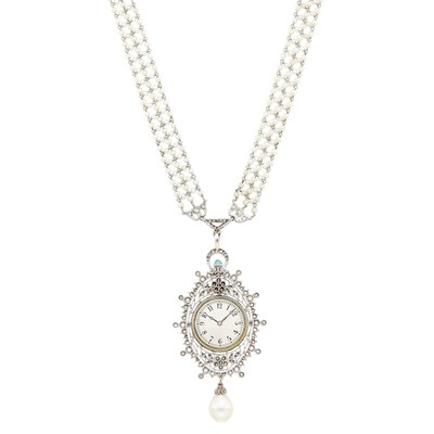 Lot 182 - E. M. Gattle & Co. Belle Epoque Seed Pearl, Platinum, Diamond, Guilloché Blue Enamel and Natural Pearl Pendant-Watch Sautoir