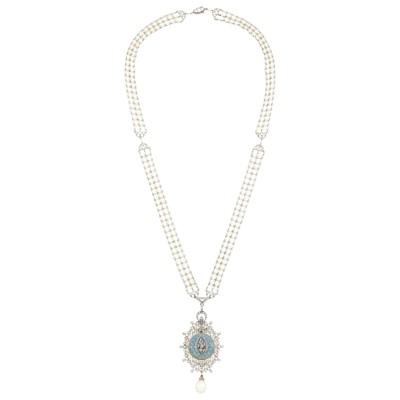Lot 182 - E. M. Gattle & Co. Belle Epoque Seed Pearl, Platinum, Diamond, Guilloché Blue Enamel and Natural Pearl Pendant-Watch Sautoir