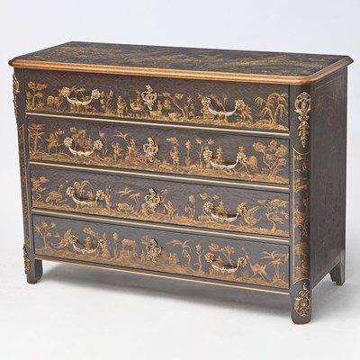 Lot 292 - Baker Black Lacquer and Gilt Chinoiserie Decorated Chest of Drawers