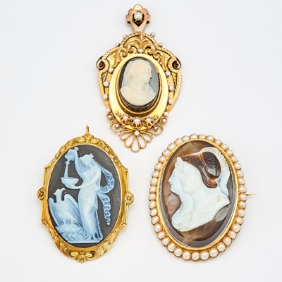 Lot 1115 - Group of Gold, Low Karat Gold, Hardstone and Split Pearl Cameos Brooches and Pendant