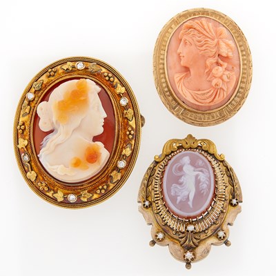 Lot 2145 - Two Gold, Sardonyx and Coral Cameo, Diamond and Pearl Pendant-Brooches and Brooch
