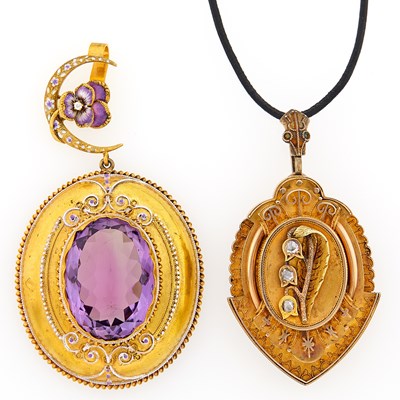 Lot 2151 - Antique Two-Color Gold and Diamond Lily-of-the-Valley Locket Pendant-Brooch and Low Karat Gold, Enamel, Amethyst and Diamond Pendant