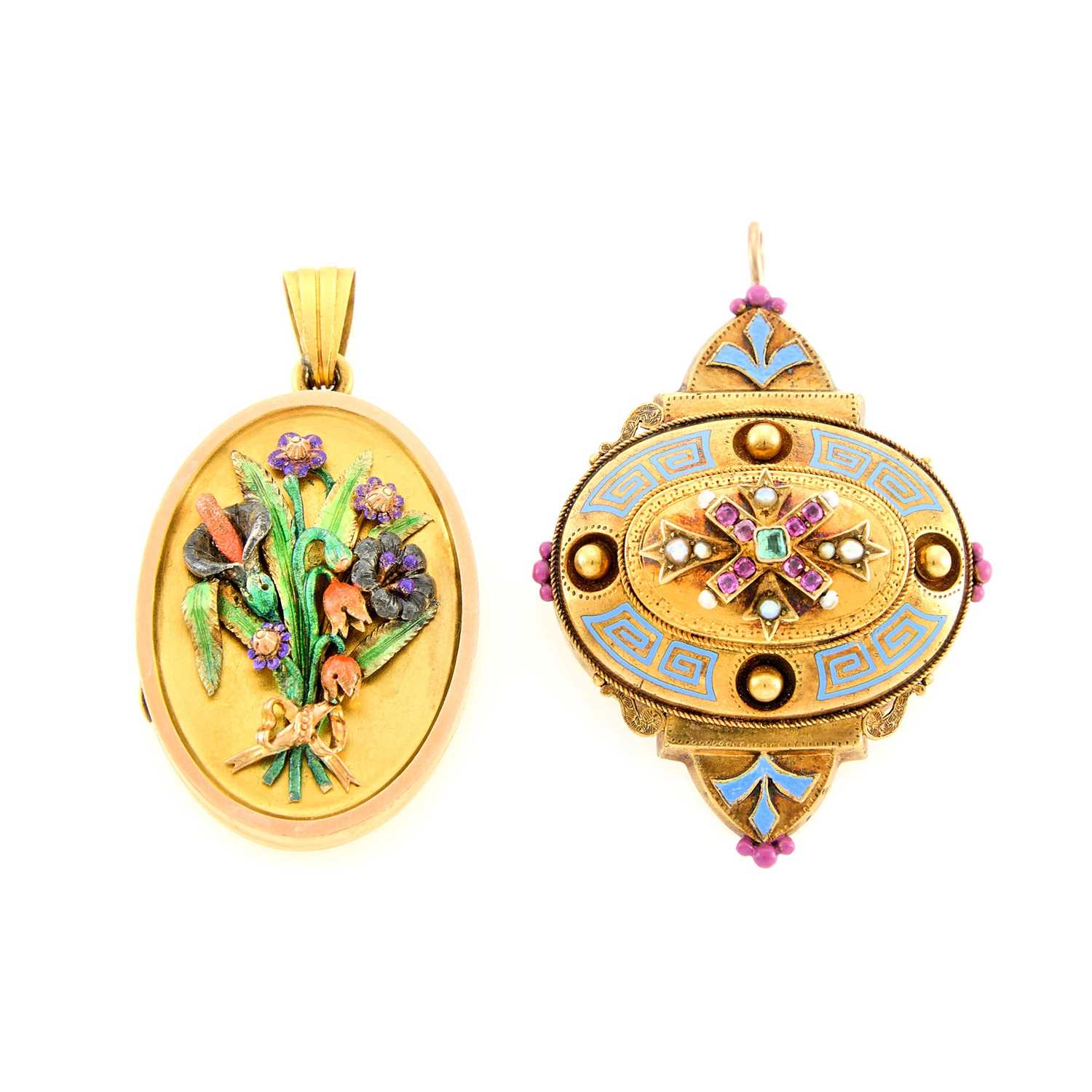 Lot 2148 - Antique Two-Color Gold, Silver and Enamel Floral Locket and Silver-Gilt, Enamel and Gem-Set Pendant