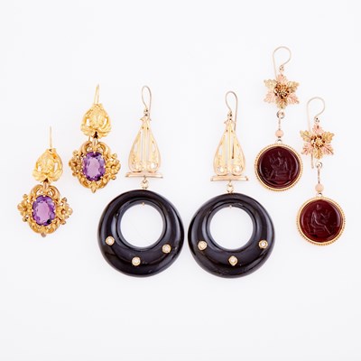 Lot 3172 - Three Tricolor Gold, Low Karat Gold, Ebony, Black Onyx Intaglio, Amethyst and Diamond Pendant-Earrings