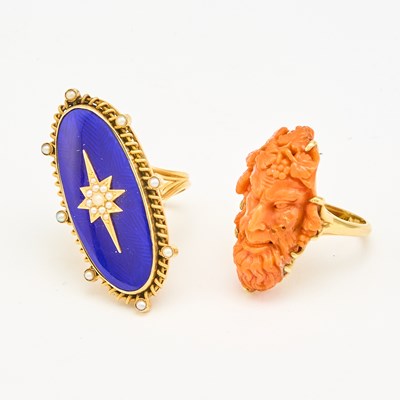 Lot 1114 - Gold and Carved Coral 'Bacchus' Ring and Blue Enamel and Split Pearl Ring