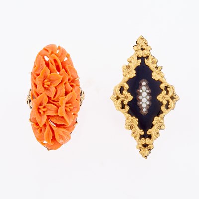 Lot 3183 - Two Gold, Silver, Black Enamel, Carved Coral and Split Pearl Mourning Rings