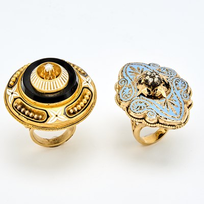 Lot 1141 - Two Gold, Enamel, Diamond, Black Onyx and Split Pearl Rings