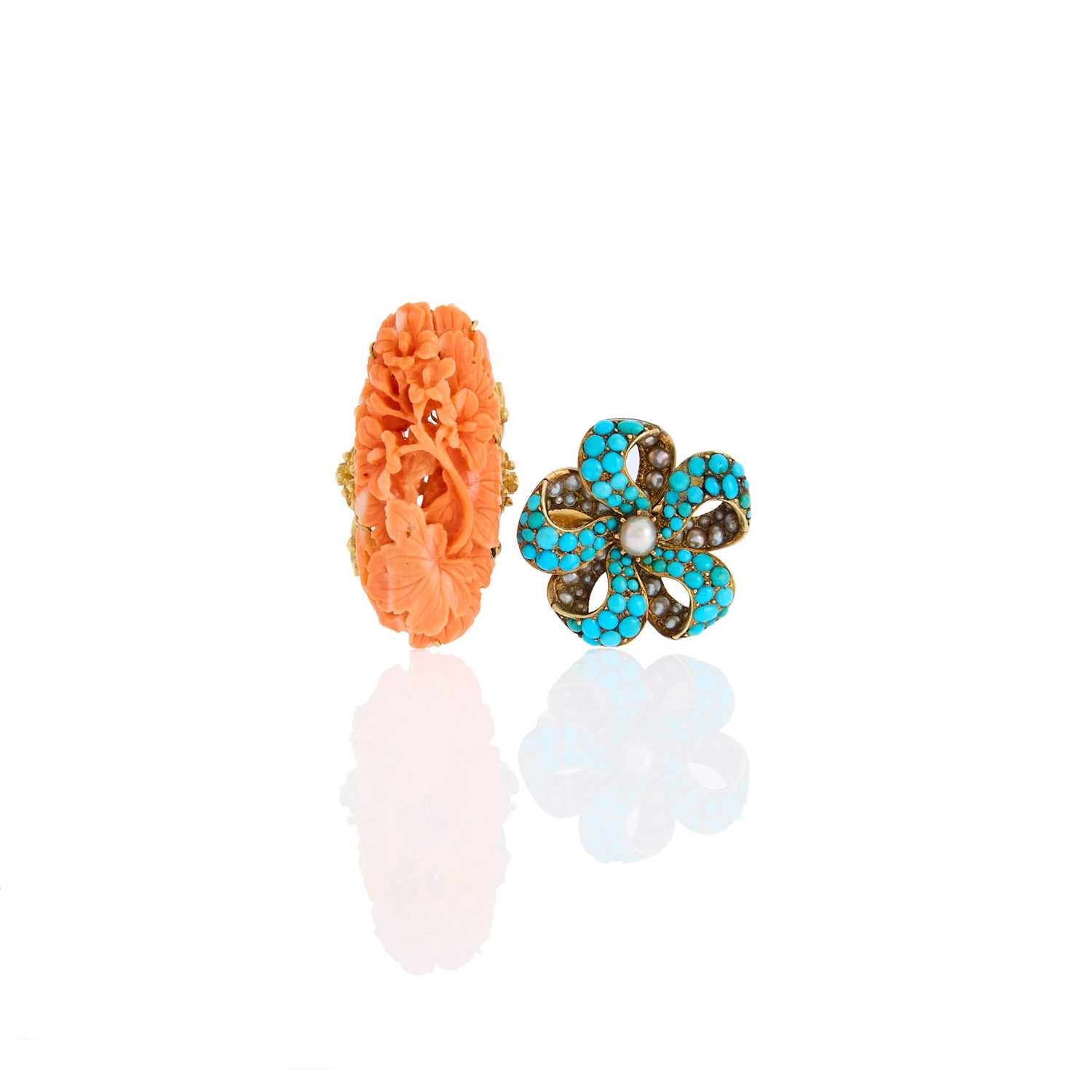 Lot 2151 - Gold and Carved Coral Ring and Turquoise Bow Ring