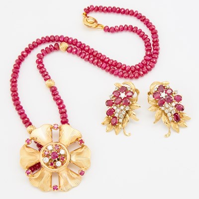 Lot 1232 - Gold, Ruby and Diamond Pendant-Necklace and Pair of Earclips