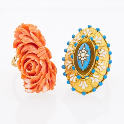 Lot 2148 - Carved Floral Coral Ring and Gold, Blue and White Enamel and Split Pearl Ring