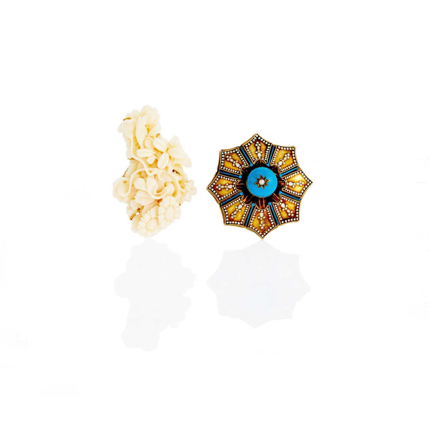 Lot 2149 - Gold and Carved White Coral Ring and Enamel and Split Pearl Ring