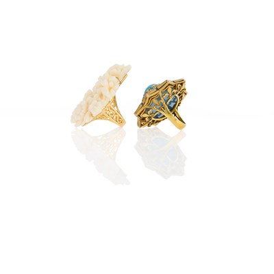 Lot 2149 - Gold and Carved White Coral Ring and Enamel and Split Pearl Ring