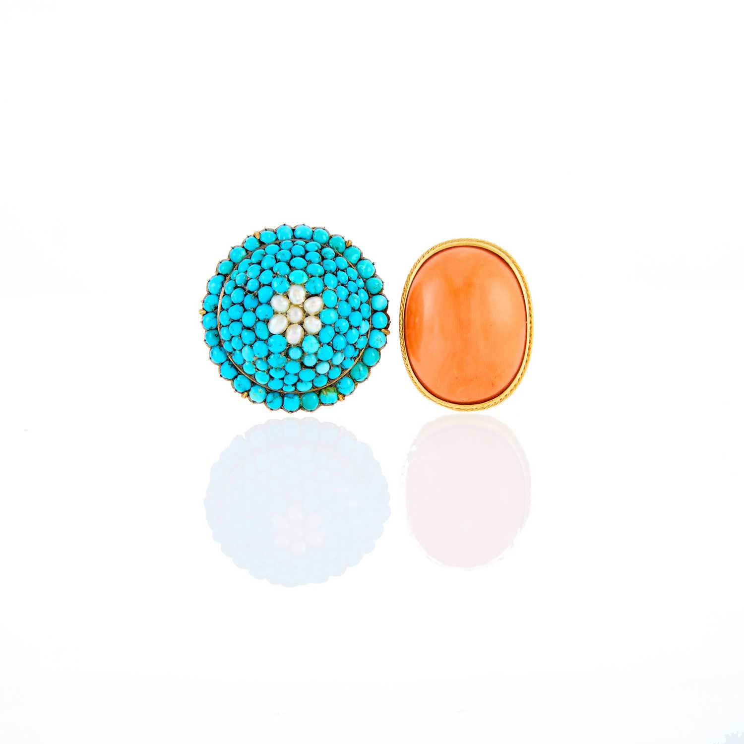 Lot 2146 - Gold and Coral Ring and Gold, Silver, Turquoise and Split Pearl Ring