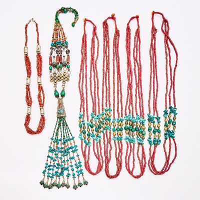 Lot 707 - Group of Six Turquoise and Red Coral Tribal Necklaces