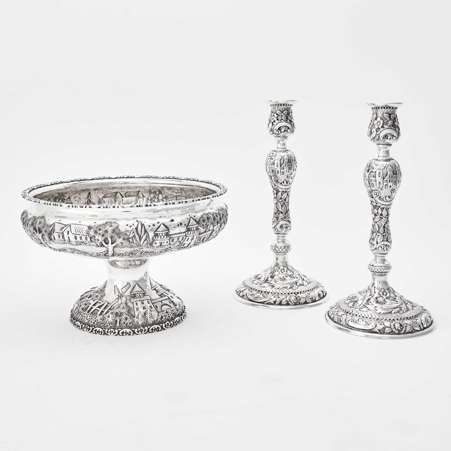 Lot 144 - Pair of Baltimore Silversmiths Mfg. Co. Sterling Silver Candlesticks and Centerpiece Bowl